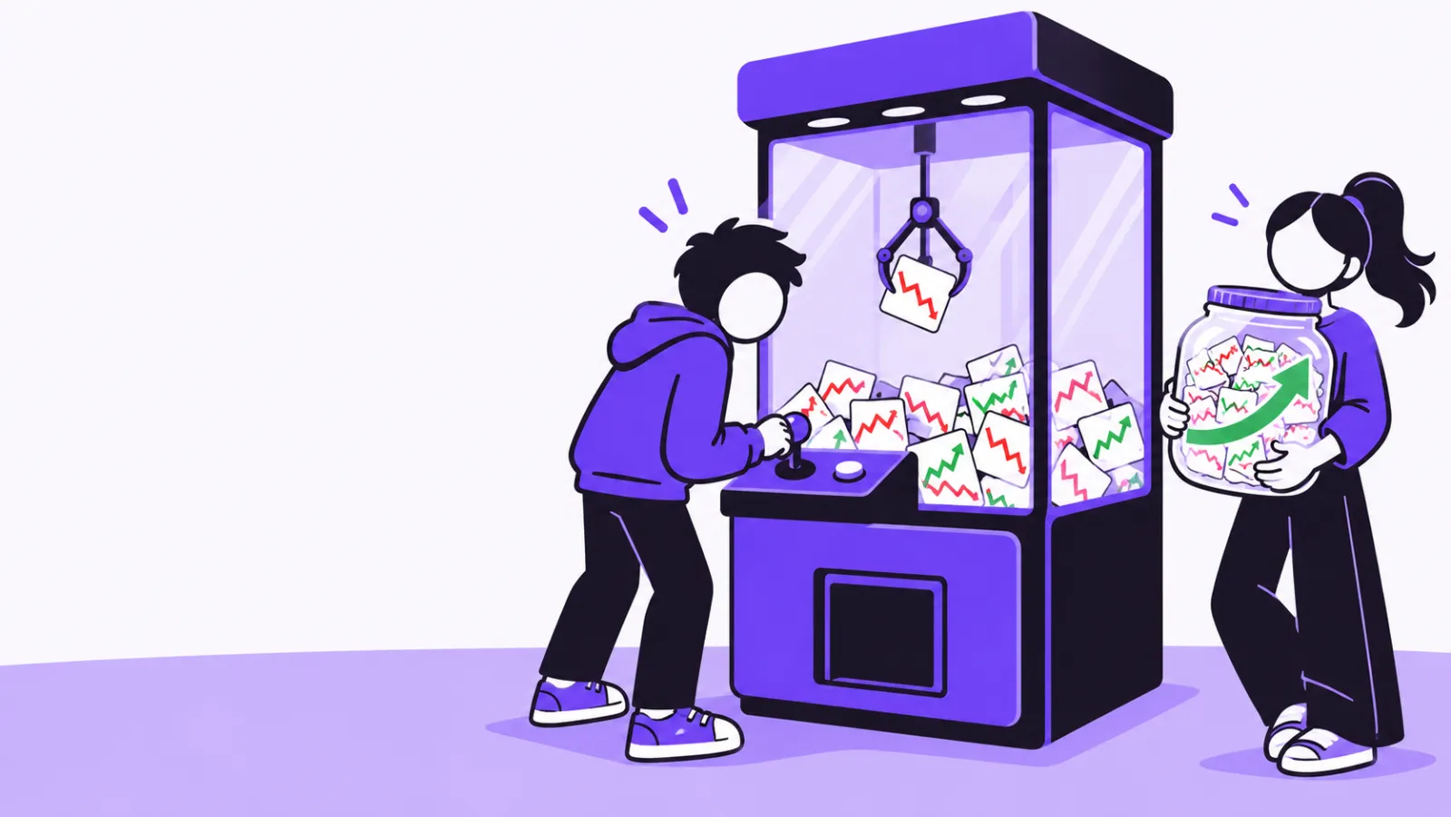 One teen plays a claw machine full of stock cards; another holds a jar of cards.