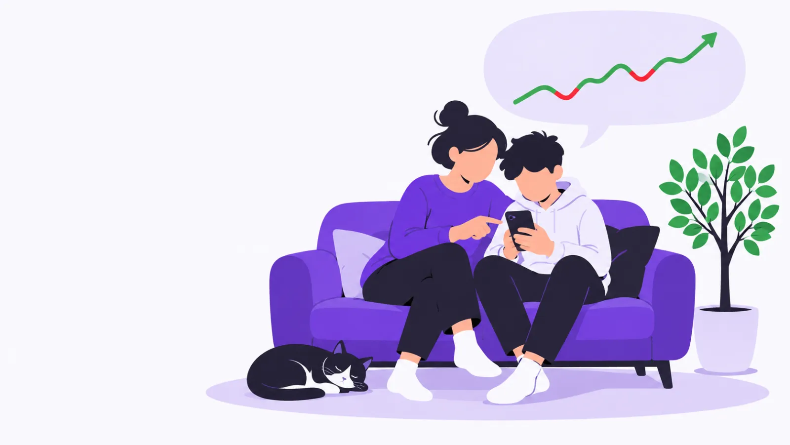 A parent and teen share a phone on a sofa, with a rising chart above them.