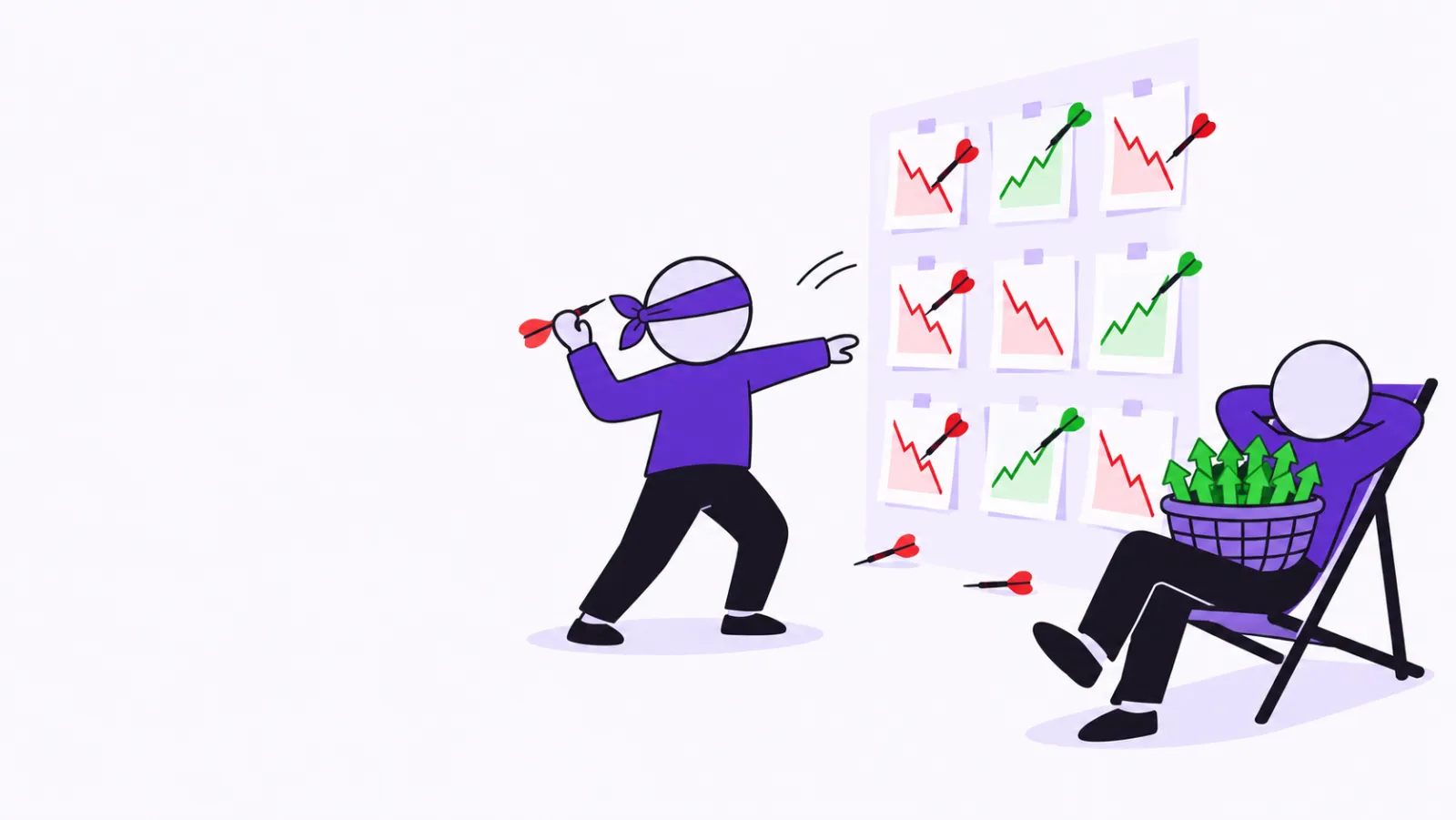 A blindfolded figure throws darts at charts; another relaxes beside a basket of rising arrows.
